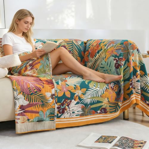 Boho Throw Blanket 60"x80", 100% Cotton Muslin Blankets for Couch Bed Sofa Chair, 4-Layer Soft Cozy Quilt Travel Blanket with Floral, Farmhouse Decor,All Seasons(Green) - color: Green Leaves