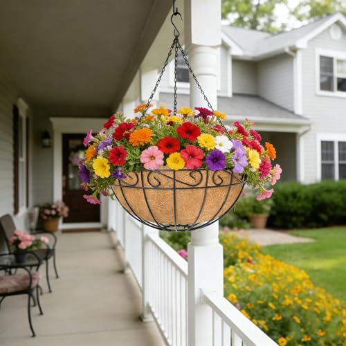4 Pack 10 Inch Hanging Baskets for Plants Outdoor Metal Hanging Planter Basket with Coco Coir Liner Hanging Flower Baskets Hangings Flower Pots Holder for Garden, Patio(Flower) - size: 10 Inch, style: English