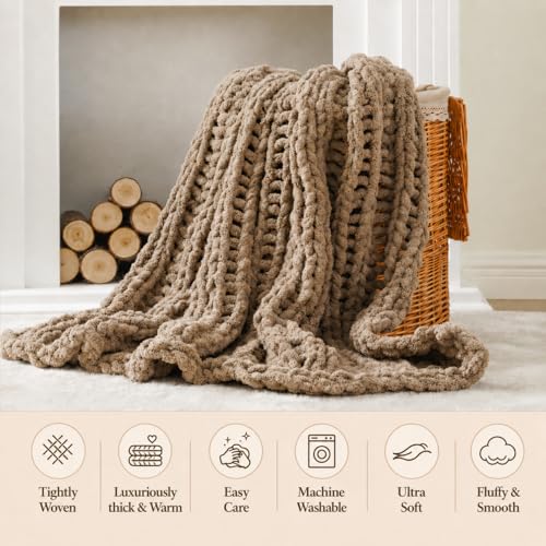 Battilo Chunky Knit Throw Blanket for Couch, Hand Made Chenille Throw Blanket, Super Soft Warm Cozy Taupe Blanket for Bed, Sofa, Living Room, 50"x60" - color: Taupe