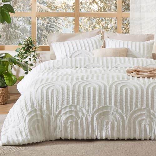 Bedsure Boho Tufted White Comforter Set Queen Size, GentleSoft™ 3 Pieces Boho Farmhouse-Style Decor Bedding, Arch Bedding for All Seasons, 1 Bed Comforter, 2 Pillow Shams, 90x90 Inches - color: 02 - Arch Jacquard White, size: Queen (90" x 90")
