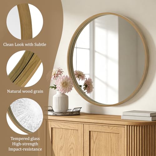 WallBeyond Round Wood Mirror, 36" Round Modern Decoration Large Circle Wall Mirror for Bathroom Living Room Bedroom Entryway, Natural - color: Natural, size: 36"L x 36"W