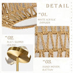 23 inch Natural 5 Light Rattan Light Fixture Woven Pendant Lights Rattan Farmhouse Chandeliers Fabric Shade Boho Chandelier for Dinning Room Kitchen - color: 23"-Natural-Prism