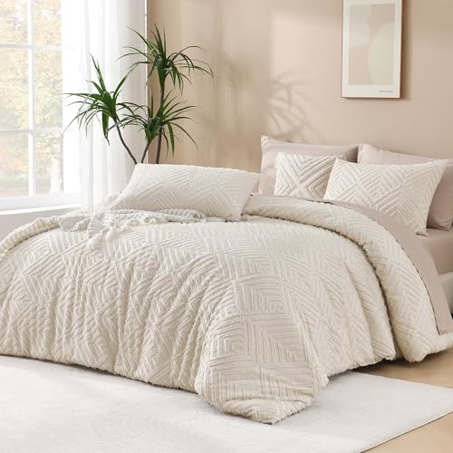 Andency King Size Comforter Set Beige, 3 Pieces Boho King Bedding Comforter Set Cream, All Season Soft Lightweight Tufted Textured Down Alternative Comforter Fluffy Bed Set - color: 01 - Beige, size: King (104"x90")