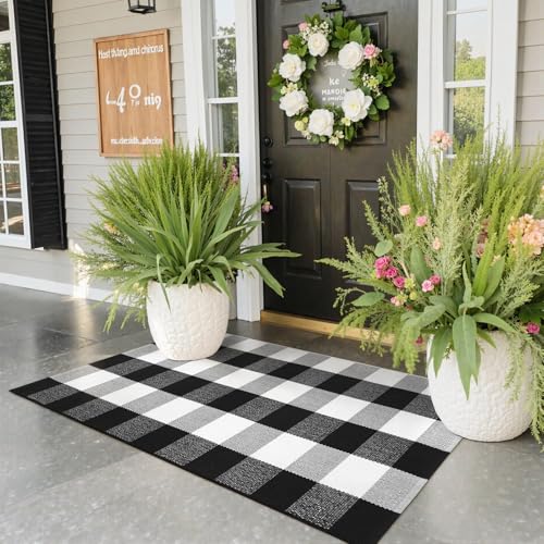 KIMODE Buffalo Plaid Outdoor Checkered Rug 24'' x 51", Black and White Door Mat Outside Entrance, Cotton Woven Washable Farmhouse Layered Outdoor Mats for Spring Front Door Decor Porch Entryway - color: Black/White, size: 2' x 4'3" (Rectangular)