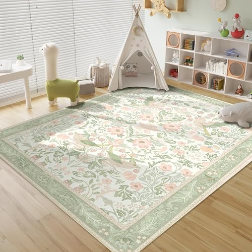 5'x7' Area Rugs Washable,Green Rug for Living Room Bedroom,Large Boho Farmhouse Bohemian Botanical Distressed Oriental Carpet Non Slip,Sage Floral Bird - color: Green Floral Bird, size: 5'x7'