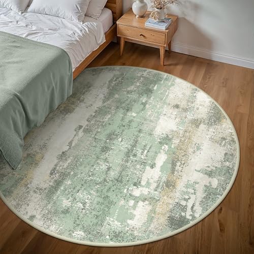 BEIMO Round Rugs 4FT for Living Room Bedroom, Modern Abstract Machine Washable Circle Rug, Soft Low Pile Floor Cover with Non Slip Backing for Dining Room, Light Green - color: Light Green/Cream, size: 4' (Round)