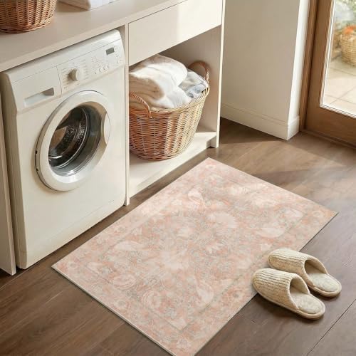 SIRIS 2x3 Small Washable Rug, Symmetrical Botanical Floral Entryway Rug, Vintage Low-Pile Non-Slip Door Mat for Indoor Foyer, High-Traffic Kitchen Sink Laundry Room, Muted Rose - color: Siris Muted Rose, size: 2' x 3' (Rectangular)