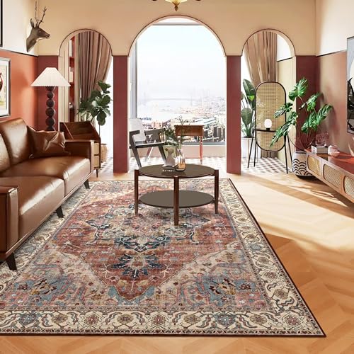 Boho Area Rug 6x9 Washable Large Vintage Rug for Living Room Bedroom Office Kitchen Entrance Dining Room Non Slip Soft Low-Pile Farmhouse, Brickred/Multi - color: Brickred & Multi, size: 6' x 9' (Rectangular)