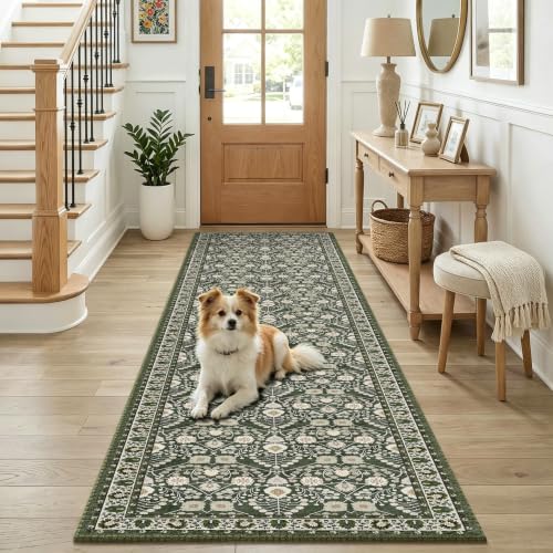 Green Washable Runner Rug 3x8: Soft Thin Kitchen Runners Non Slip Rubber Backing Stain Resistant Carpet for Hallways Indoor Vintage Floor Mat Home Decor for Bedroom Entryway - color: Green, size: 3' x 8' (Rectangular)