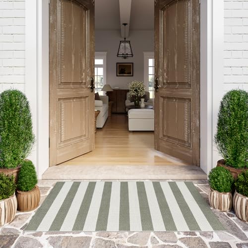 Striped Outdoor Rug 3x5, Boho Washable Front Porch Rug Cotton Hand Woven Outside Door Mats,Foldable Layered Doormat for Farmhouse/Entryway/Home Entrance(Green and White) - color: Green, size: 3'x5'