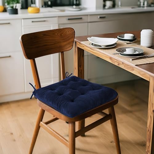 ELFJOY 4 Pack Chair Cushions for Dining Chairs Chair Pads Cushion for Kitchen Office Tufted Square Seat Cushion with Ties (16" Navy Velvet) - color: Navy