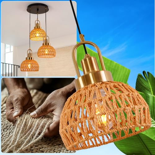 Modern Boho Gold Rattan Pendant Light 3-Lights Vintage Farmhouse Rattan Pendant Light Fixture Hand Woven Golden Bamboo Wicker Pendant Lights for Kitchen, Stairwell, Entryway, Living Room - color: Gold 3-Light
