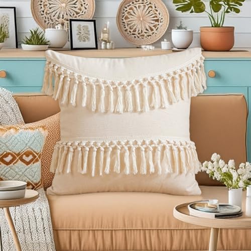 Boho Decorative Throw Pillow Cover 18x18 Inch Cozy Bohemian Macrame Cushion Cover Square White Cotton Pillow Case with Tassels for Couch Sofa Bed Bench Car Farmhouse Home Decor