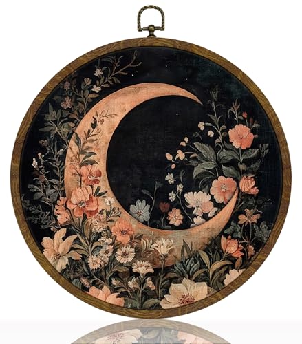 HEYJEEPER Vintage Crescent Moon Wall Art Decor,Boho Romance Floral Round Hanging Artwork, Mystical Botanical Linen Wall Hanging Decor for Living Room Bedroom Office Home, 10 Inch (Black-Moon)