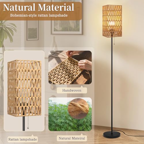 Ruiever Floor Lamp for Living Room,Farmhouse Floor lamp,Modern Standing lamp with Hand-Worked Rattan Shade (Square Shade-3 Color Blub) - style: Square Shade-3 color Blub