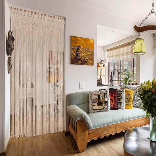 Foreate Macrame Curtains Long Cotton Macrame Wall Hanging Boho Beaded Curtain for Window Doorway Handmade Wedding Backdrop Room Divider, 1 Panel 79" L x 35" W - size: 35.5"W x 79"L (Pack of 1)