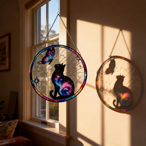 Black Cat Stained Glass Window Hanging, 9.8'' Black Cat & Butterfly with Nebula Design Suncatcher Indoor Outdoor Home Decor for Cats Lovers, Gift for Halloween - color: Black Cat