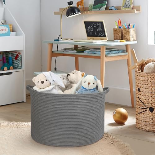 MEGASKET Large Dark Grey Storage Basket, Woven Cotton Rope Baskets for Storage, Big Blanket Organizer Storage Basket for Living Room, Kids Room Toy Storage Organizer Box, Blanket Keeper (22"x14") - color: Dark Gray, size: 22"x22"x14"