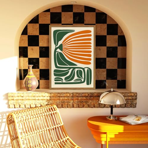 Framed Boho Floral Wall Art, Mid Century Modern Flower Canvas Wall Decor Pictures, Green and Orange Abstract Botanical Paintings Poster Prints Eclectic Home Decor for Living Room Bedroom 16x24 inch - color: Mid Century Modern Floral, size: 24"L x 16"W