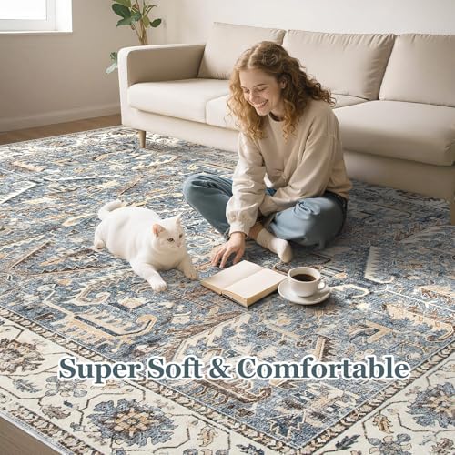 5x7 Area Rugs for Living Room - Washable Soft Large Vintage Rug Non-Slip Stain Resistant Traditional Stain Resistant Indoor Floor Low Pile Carpet for Bedroom Dining Room or Home Office - Blue Multi - color: Blue, size: 5' x 7' (Rectangular)