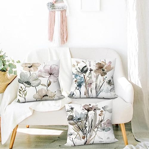 COMMINY Brown White Grey Pillow Covers 20x20 Set of 6 Flower Throw Pillow Cover for Couch Modern Decorative Watercolor Floral Cushion Cover for Sofa Bedroom Living Room Farmhouse Home Decor - color: Modern Flower, size: 20" x 20" (Pack of 6)