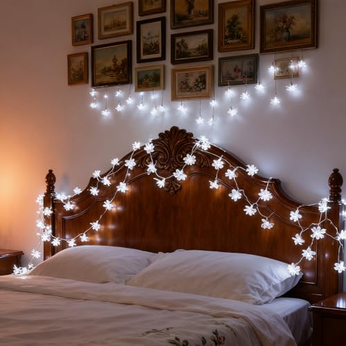 JACUXLSS Fairy Cool White Flower String Lights, 33ft 100 LED Plug in 8 Lighting Mode Cherry Blossom Indoor Wall Ceiling Window Decorations, Aesthetic Lamp Decor for Christmas Holiday Easter Bed Room - color: White