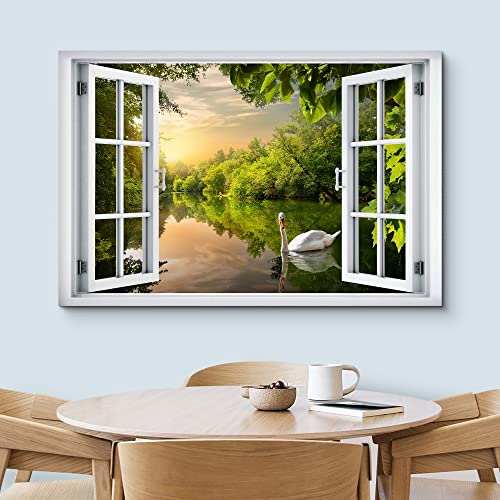 wall26 Canvas Print Wall Art Window View Swan Forest Lake Sunset Sky Zen Paradise Wilderness Nature Photography Realism Scenic Landscape Colorful Multicolor for Living Room, Bedroom, Office - 12x18 - color: A48-2204-irs12, size: 18"L x 12"W
