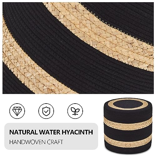 Wimarsbon 2Pcs Pouf Ottomans, Natural Seagrass Foot Stool, Hand Weaving Round Ottoman, Boho Decorative Seat, Jute Braided Pouffe Poof Accent Sitting Footrest for Living Room (18inch 68LH) - color: 18inch Water Hyacinth Braid & Black Cotton Rope