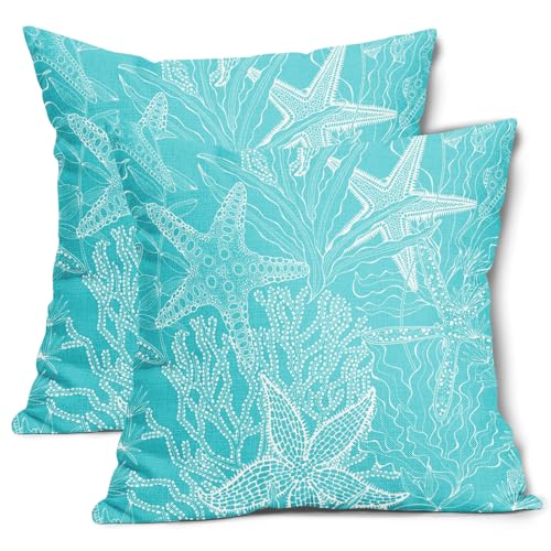 Aqua Blue Nautical Pillow Covers 16x16 Inch Set of 2 Coastal Beach Themed Starfish Cotton Linen Decorative Throw Pillow Case Beachy Outdoor Cushion Covers for Bedroom Sofa Living Room Chair Decor - color: Beach Aqua Blue, size: 16" x 16" (Pack of 2)
