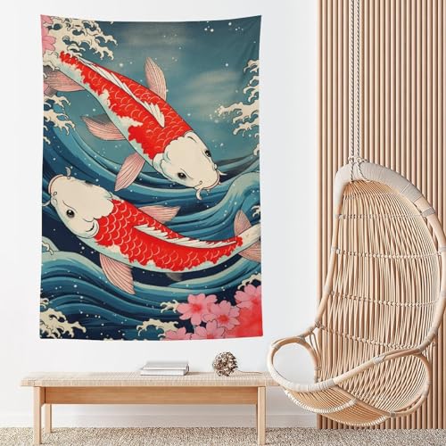 QEOPGNE Large Wall Tapestry Koi Fish Japanese Great Waves Cherry Blossom Retro Flags Tapestry for Room Living Room Wall Decor Large Wall Art Tapestries 60"x90" - color: Style, size: 90L" x 60W"