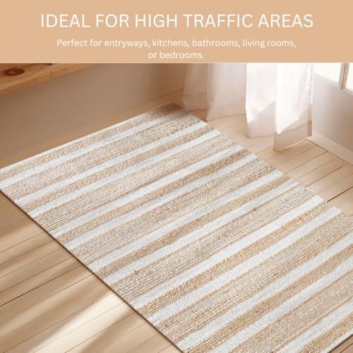 Area Rug Farmhouse 3x5 Feet - Hand Woven Jute Cotton Rug Bohemian Rustic Vintage - Non Slip Floor Rug for Bedroom Living Room Kitchen Dorm Entryway Hallway - Area Rug Natural White - color: Natural White, size: 3'x5'