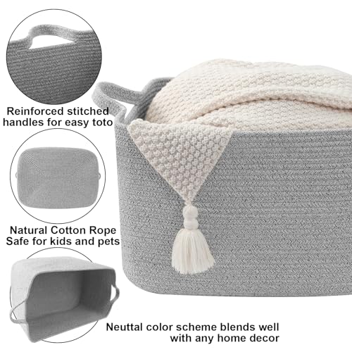 96L Large Blanket Basket,24"x16"x15"Rectangle Storage Bin with Handles,Woven Rope Laundry Basket for Toys, Clothes,Magazines,Home Organization,Nursery,Living Room & Bedroom,Grey - color: Grey, size: 24"x16"x15"(96L)