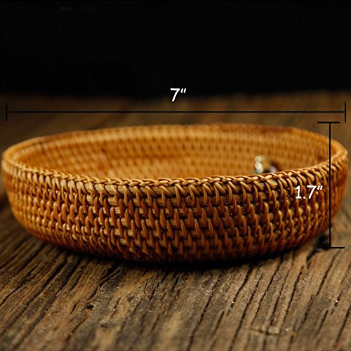 Hadewoven Round Rattan Fruit Basket Wicker Food Tray Weaving Storage Holder Dinning Room Bowl, 7”Decorative Natural Basket Woven Fruit Basket Bowl for Entryway Table, Countertop (Small 7”) - size: Small 7"