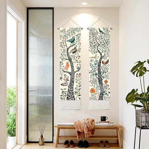 seewan 2 Pack Long Vertical Wall Tapestry, Boho Nature Landscape & Floral Aesthetic Wall Hanging for Bedroom Living Room Home Decor, Long Narrow Art Tapestry with Sunrise Mountain Botanical Designs, 13" × 51" (Art Nouveau Tree, 13"Wx51"H, Unframed) - colo