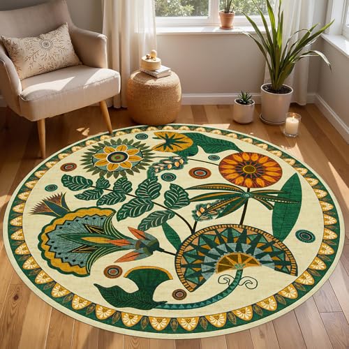 Joydeco Egypt Floral Boho Round Rugs 5FT, Washable Circle Playroom Bedroom Area Rug, Vintage Beige Non Slip Circular Throw Carpet for Living Room Nursery Dorm Classroom Dining Room - color: Beige, size: 5' (Round)