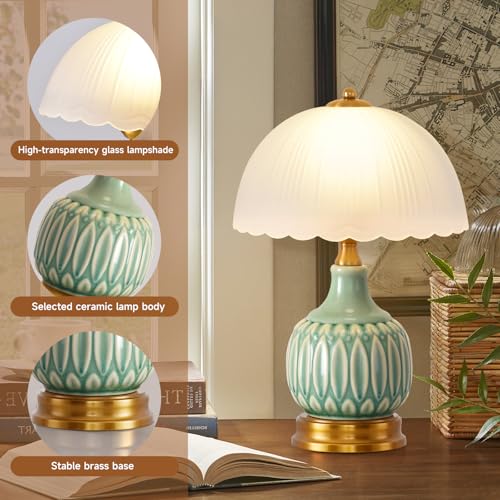 Table Lamps Ceramic Retro Lamp for Living Room,15.7" Modern Bedside Nightstand Traditional Lamps, Classic Chinoiserie Green Glass Lamp for Home (Retro) - style: Retro