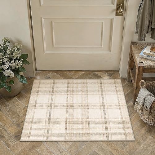 2x3 Beige Area Rug for Entryway Machine Washable Low Pile Checkered Mat Modern Accent Soft Non Slip Small Carpet for Entrance Bathroom Bedroom Indoor - color: Beige, size: 2' x 3' (Rectangular)