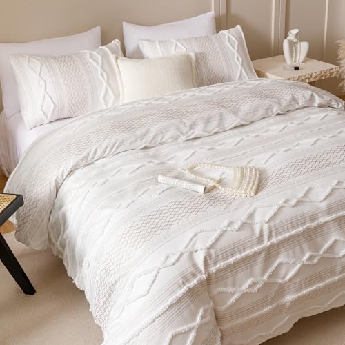 Wellboo Beige Tufted Jacquard Boho Comforter Set Twin Size Cream Khaki Bedding Set Shabby Chic All Season Quilt Women Men Oatmeal Farmhouse Embroidery Blanket Soft Adult Broken Line Wave Geometry Bed - color: 6-white, size: Twin-68"*90"