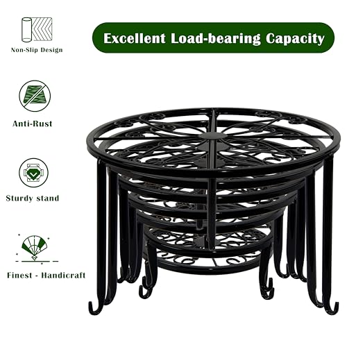 Metal Plant Stands for Outdoor Indoor Plants, 7 Pack Anti-Rust Iron Flower Plant Pot Stands, Floor Plant Holder Heavy Duty Plant Round Shelf for Multiple Plant Patio, Home Garden Decor Racks (Black)