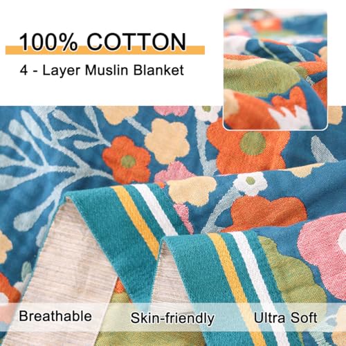 Boho Throw Blanket 60"x80", 100% Cotton Muslin Blankets for Couch Bed Sofa Chair, 4-Layer Soft Cozy Quilt Travel Blanket with Floral, Farmhouse Decor,All Seasons(Blue) - color: Blue Flowers