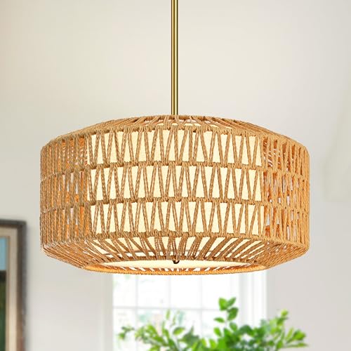 18 inch Natural 3 Light Rattan Light Fixture Woven Pendant Lights Rattan Farmhouse Chandeliers Fabric Shade Boho Chandelier for Dinning Room Kitchen - color: 18"-Natural-Prism