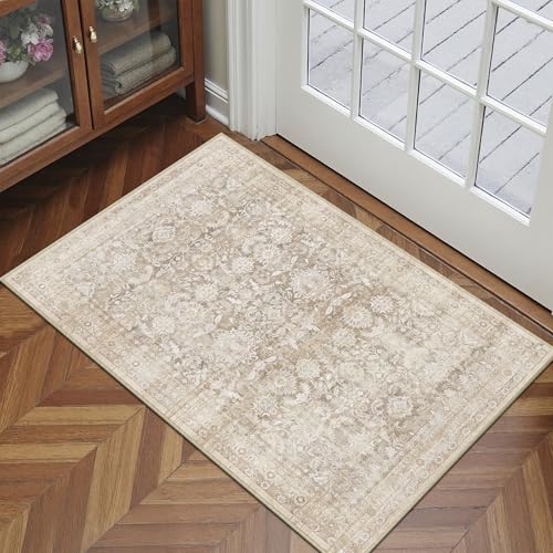 2x3 Beige Washable Neutral Area Rug for Entryway Non Slip Soft Thin Throw Rug Floral Durable Low Pile Carpet Modern Stain Resistant Door Mat for Living Room Laundry Kitchen Office Playroom - color: Accent | Beige, size: 2'x3'