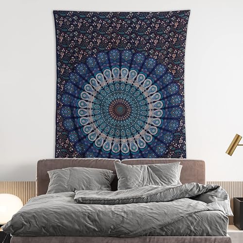 Bless International Handmade Indian hippie Bohemian Psychedelic Peacock Mandala Wall hanging College Dorm Beach Throws Table Cloth Bedding Tapestry (Blue Green, Twin(54x72Inches)(140x185cms)) - color: Blue Green, size: 72"L x 54"W