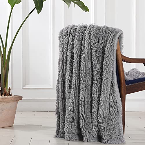 Tuddrom Decorative Extra Soft Faux Fur Throw Blanket 50"x60",Solid Lightweight Fuzzy Reversible Long Hair Shaggy Blanket,Fluffy Cozy Plush Mink Fleece Comfy Microfiber Blanket for Couch Sofa Bed, Grey - color: Gray, size: Throw-50" x 60"