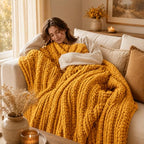 Battilo Cozy Mustard Throw Blanket 50" x 60" | Hand Knitted Chunky Knit Throw Blanket, Soft Jumbo Chenille for Couch Sofa Bed - color: Mustard