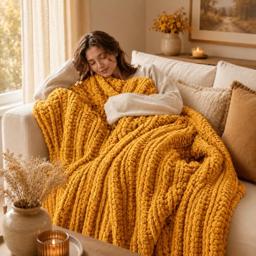 Battilo Cozy Mustard Throw Blanket 50" x 60" | Hand Knitted Chunky Knit Throw Blanket, Soft Jumbo Chenille for Couch Sofa Bed - color: Mustard