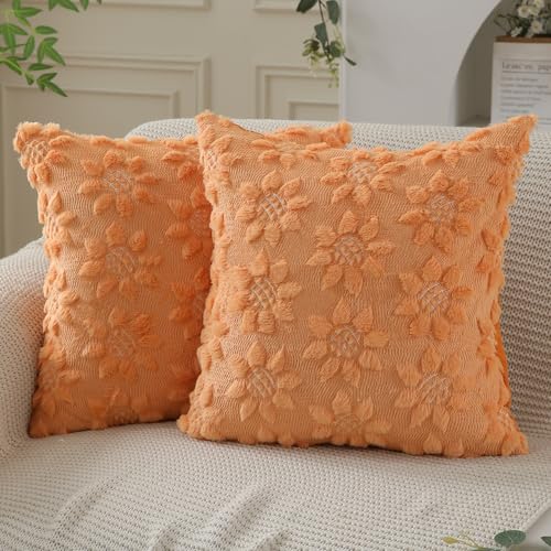 DFXSZ Spring Summer Pillow Covers 16x16 inch Set of 2 Farmhouse Decor White Flower Heart Sunflower Orange Soft Plush Faux Fur Jacquard Throw Pillows for Sofa Holiday Spring Home Decor PTK024H16 - color: Orange, size: 16" x 16" (Pack of 2)