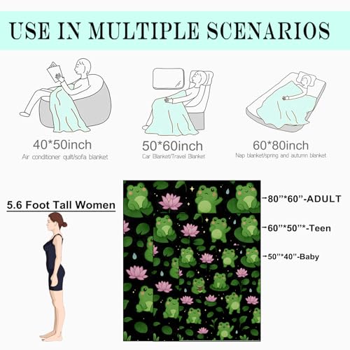 Cute Frog and Lotus Flower Fleece Blanket,40x50in,Kawaii Green Frogs Black Throw Blankets,Soft Cozy Lightweight, Ideal for Bed Living Room Home Decor,Kids Gifts - color: Frog, size: 40x50 Inch