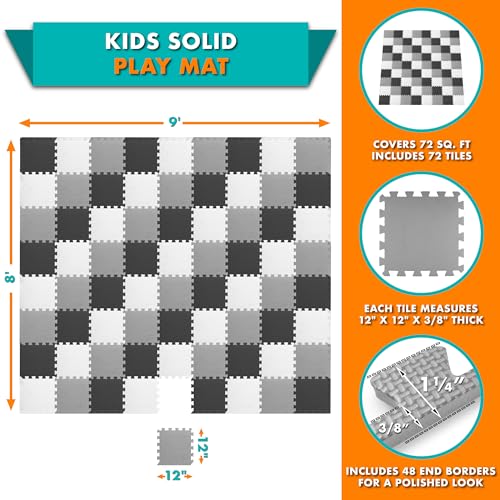 ProSource Baby Play Mat, Soft Foam Floor Tiles for Kids, Interlocking EVA Panels for Playpen Use, Crawling Development Surface, Safe Non-Toxic Toddler Flooring, 72 Tiles, Black/Gray/White - color: Black/Gray/White, size: 72 Tiles