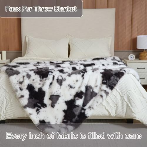 Luxury Fluffy Faux Fur Throw Blanket,Thick Fluffy Silky Fuzzy Cozy Blanket,Plush Blankets for Couch, Sofa, Chair, Bed-Black&Grey Cow-50 * 60inch - color: Black&grey Cow, size: Throw (50" x 60")